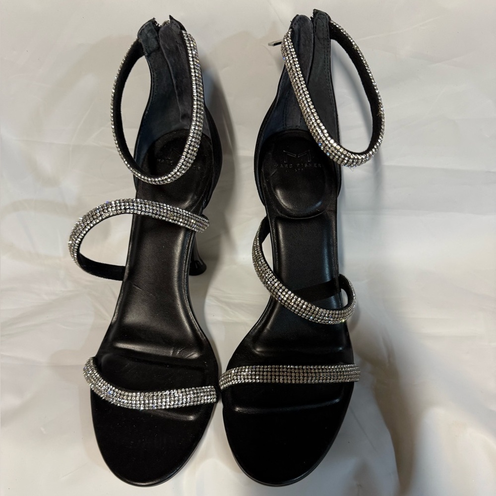 Marc Fisher strappy shiny Black stiletto Heels with Silver Rhinestones size 9